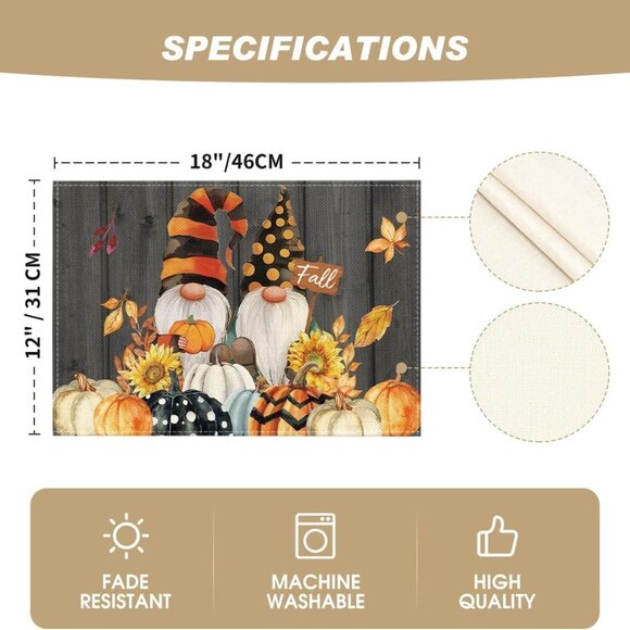 Gnomes Pumpkins Fall Placemats Set of 4, 12x18 Inch Seasonal Autumn Thanksgiving - Picture 4 of 5